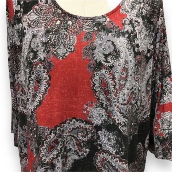 Catherine’s Women’s 3/4 Sleeve Scoop Neck Criss Cross Paisley Tunic, sz 0X - Picture 2 of 9